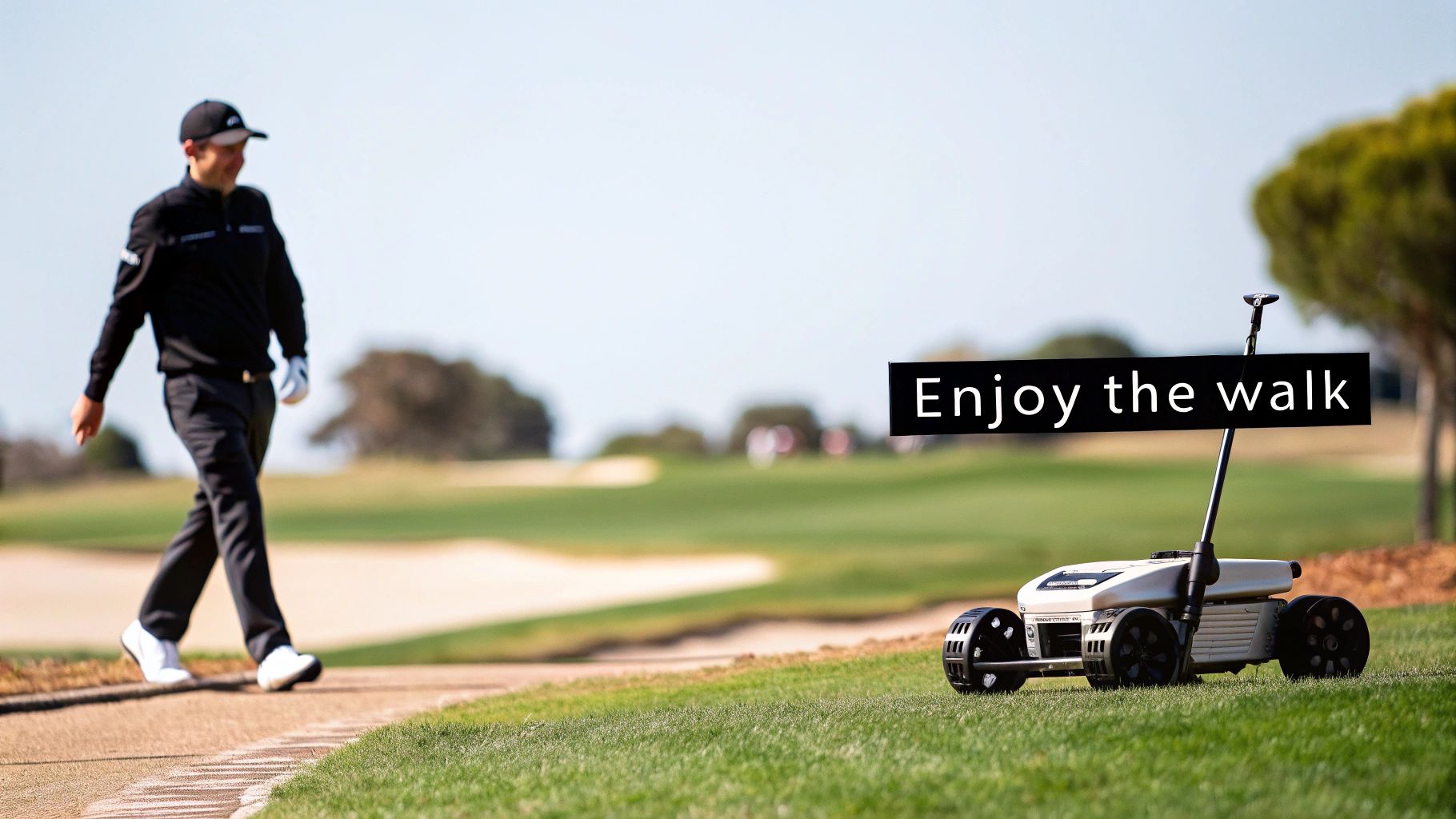 A golfer on the fairway with a robotic golf caddy following behind