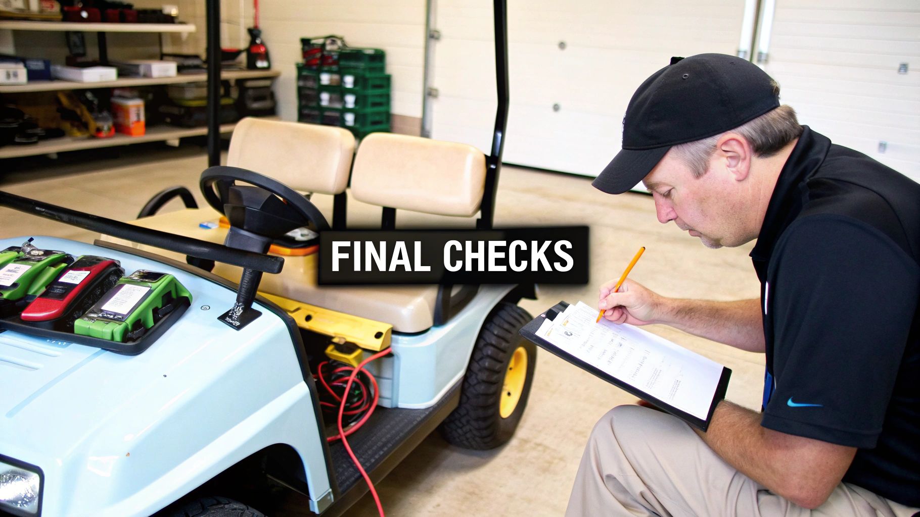 A technician performs final checks on a light blue golf cart, writing on a clipboard in a garage.
