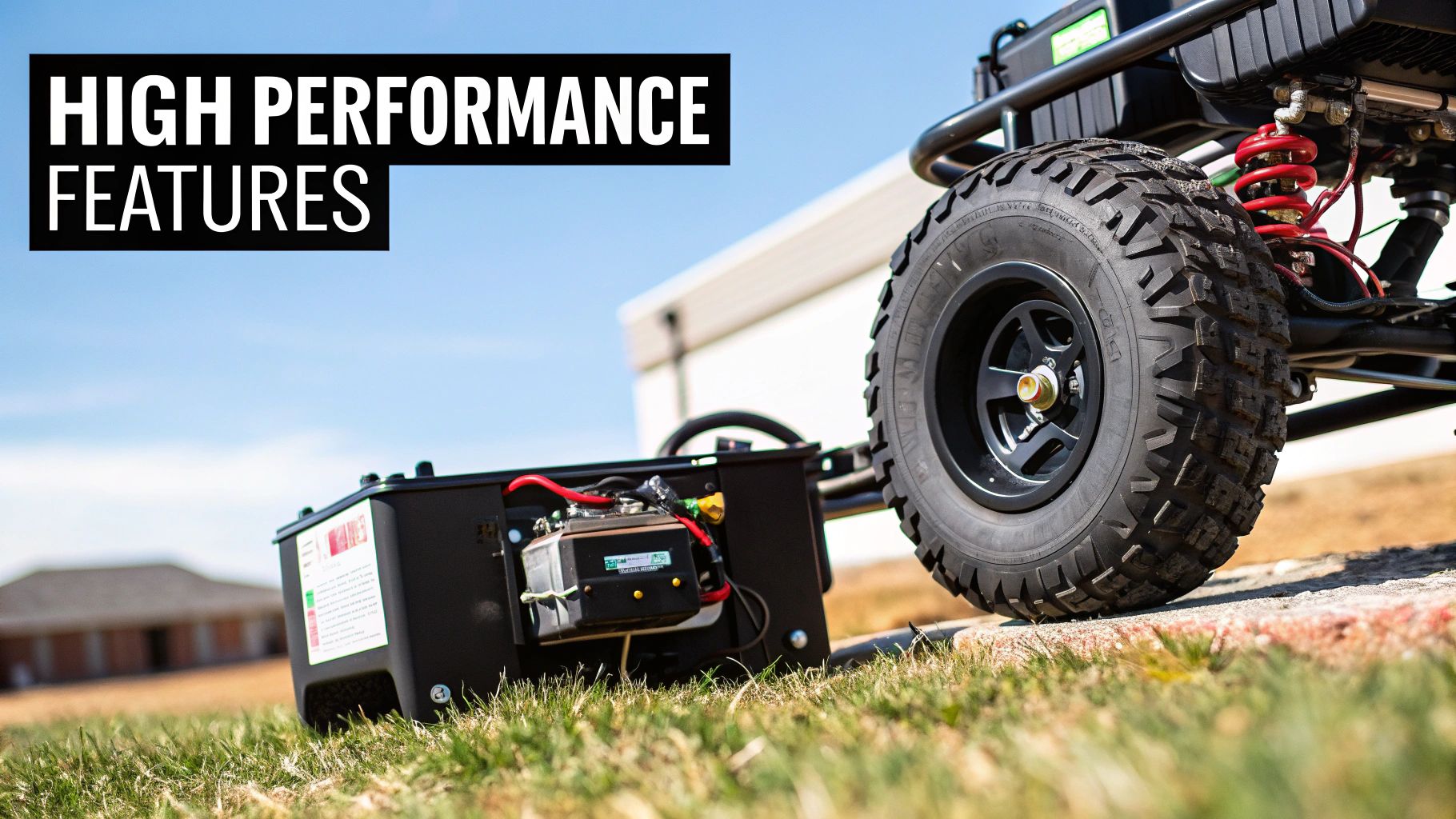 Close-up of an all-terrain cart's wheel, suspension, and battery pack, featuring 'HIGH PERFORMANCE FEATURES' text.