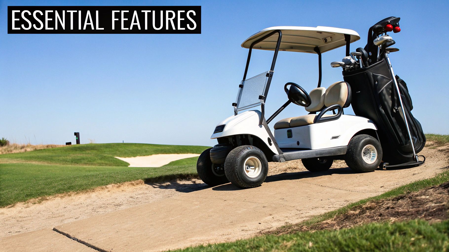 A white golf cart with a black golf bag and clubs on a golf course path.