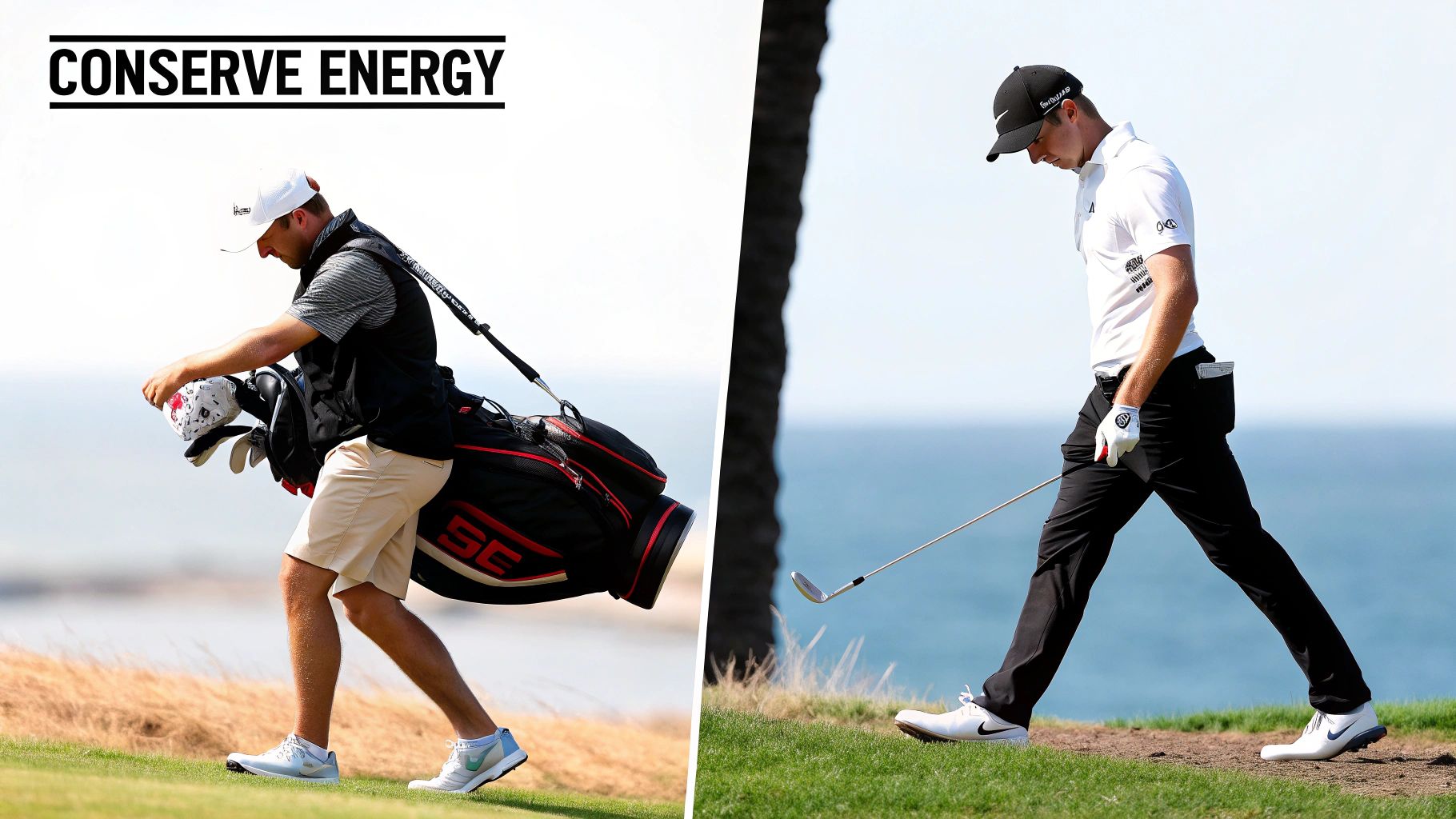 A golfer walks freely on a green course while their remote golf bag follows a few steps behind.