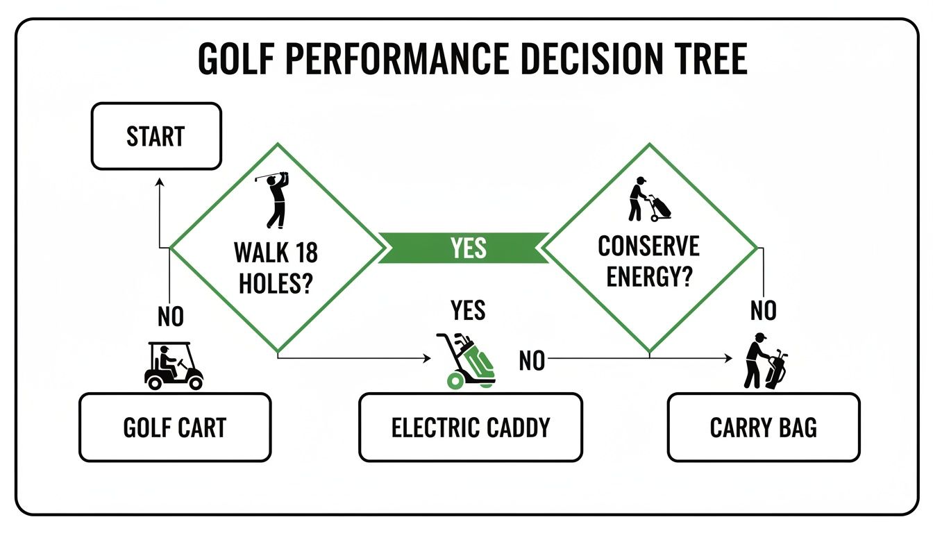 A golf performance decision tree outlining choices for carrying clubs based on walking and energy conservation.