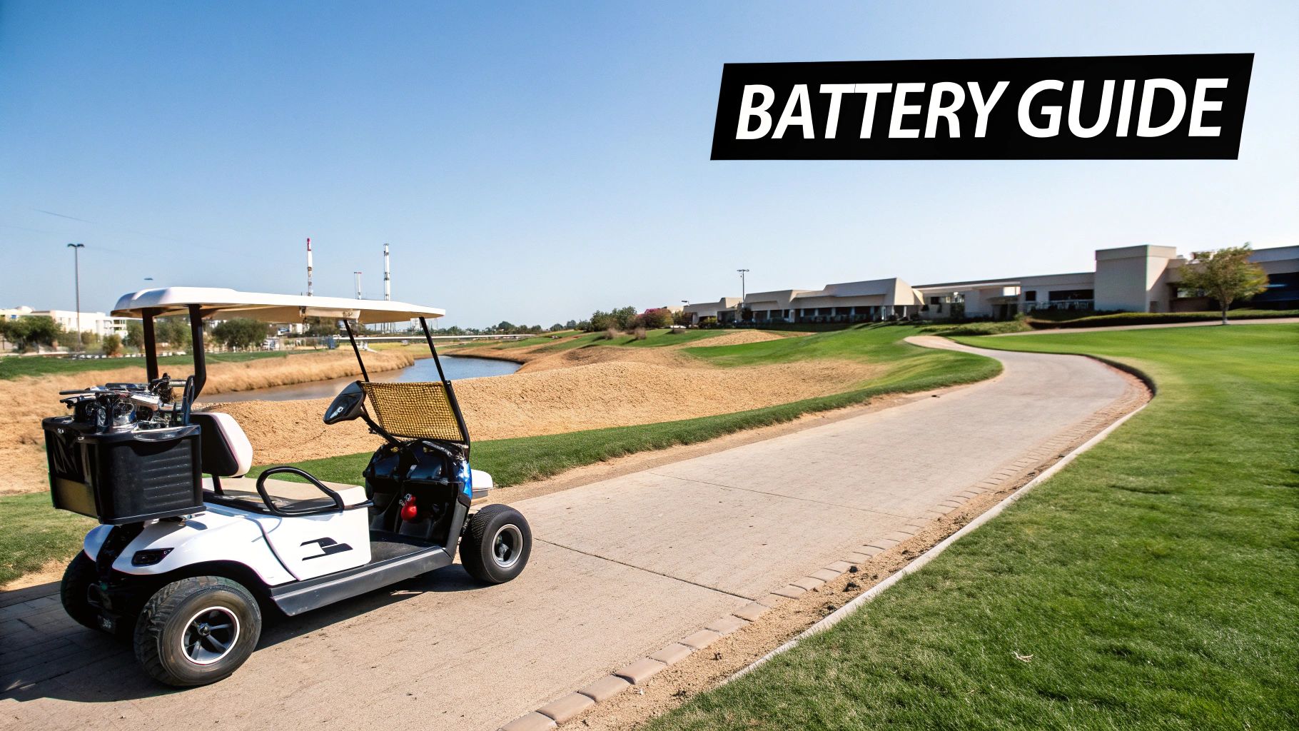 A white golf cart on a paved path on a sunny golf course with buildings in the distance and a 'BATTERY GUIDE' overlay.