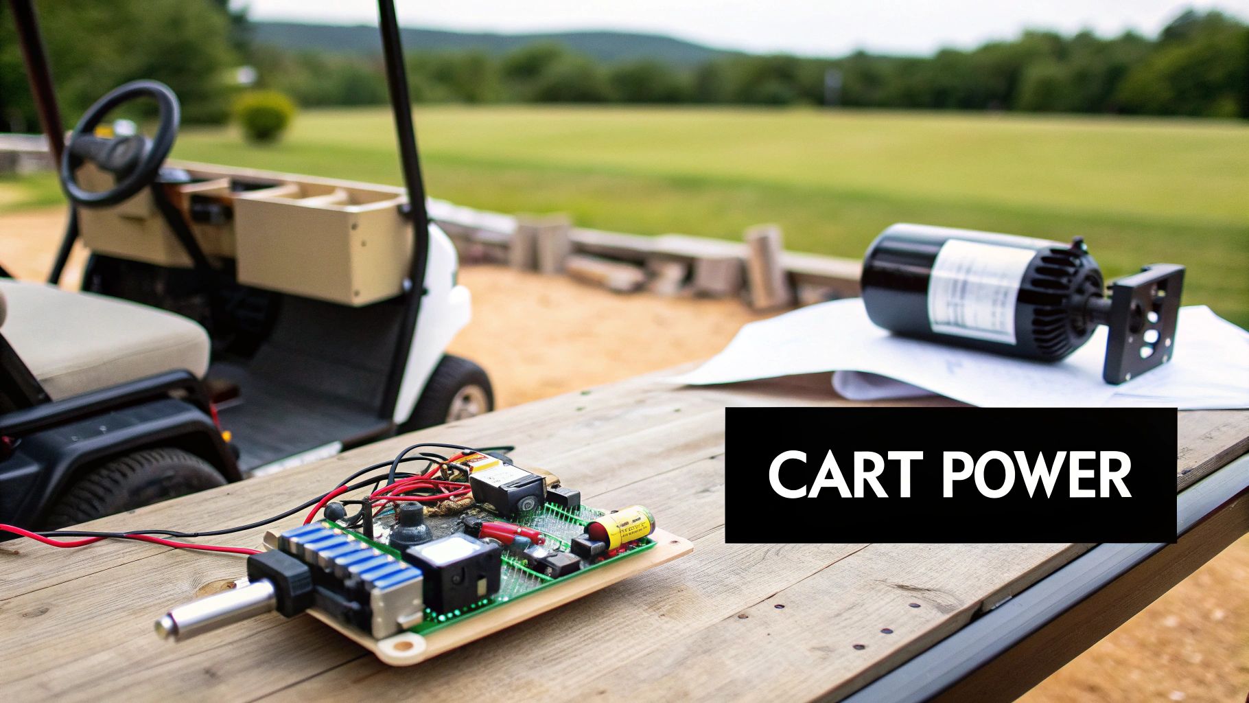 A close-up view of the intricate motor and battery system of a power golf cart
