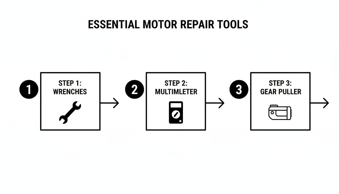 Flowchart showing essential motor repair tools: wrenches, multimeter, and gear puller in three steps.