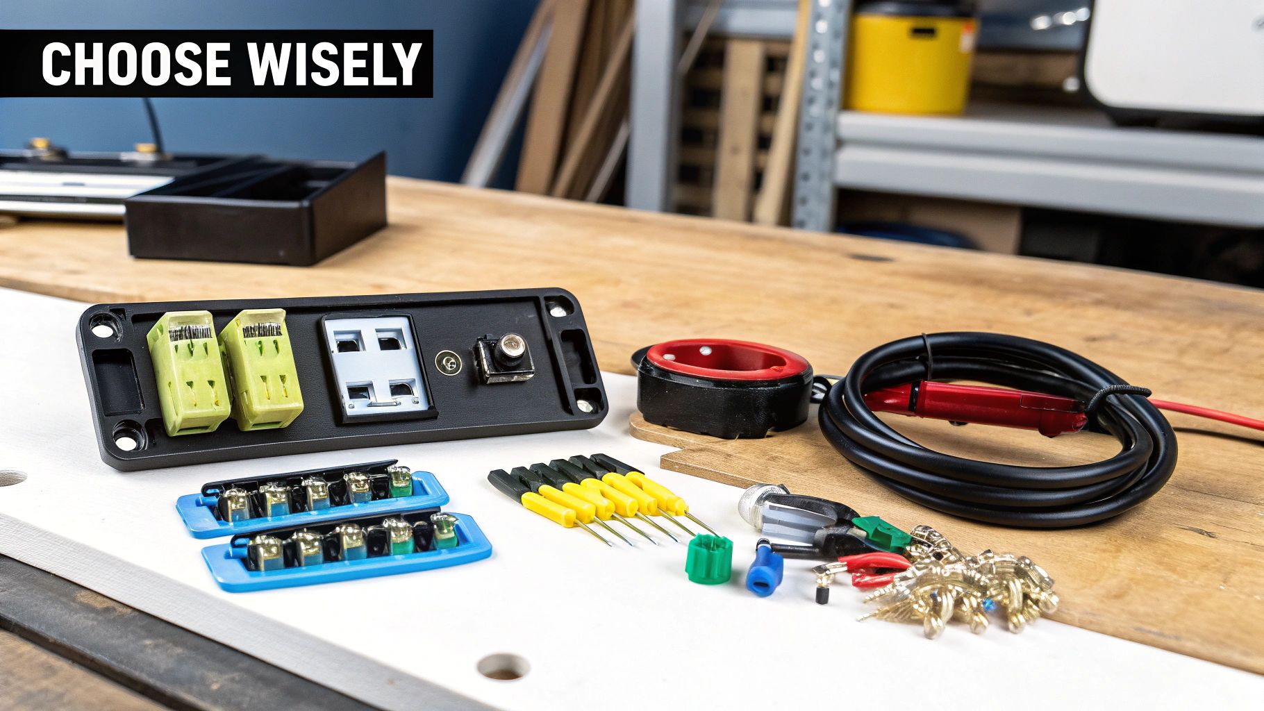 Golf cart electrical components including USB ports, wiring connectors, and installation tools on workbench