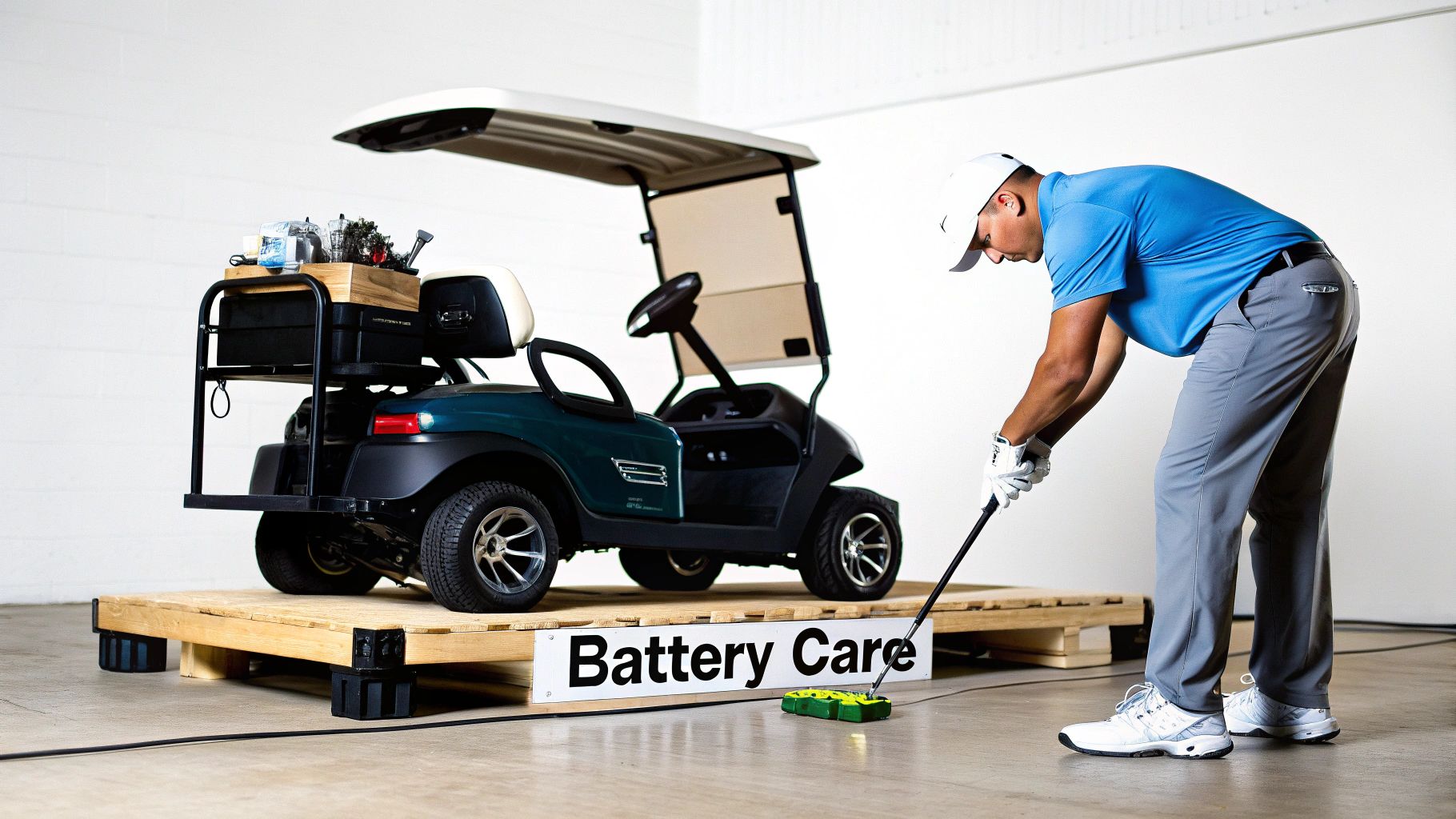 A golfer in a blue shirt and gray pants practices near a golf cart on a platform with a 'Battery Care' sign.