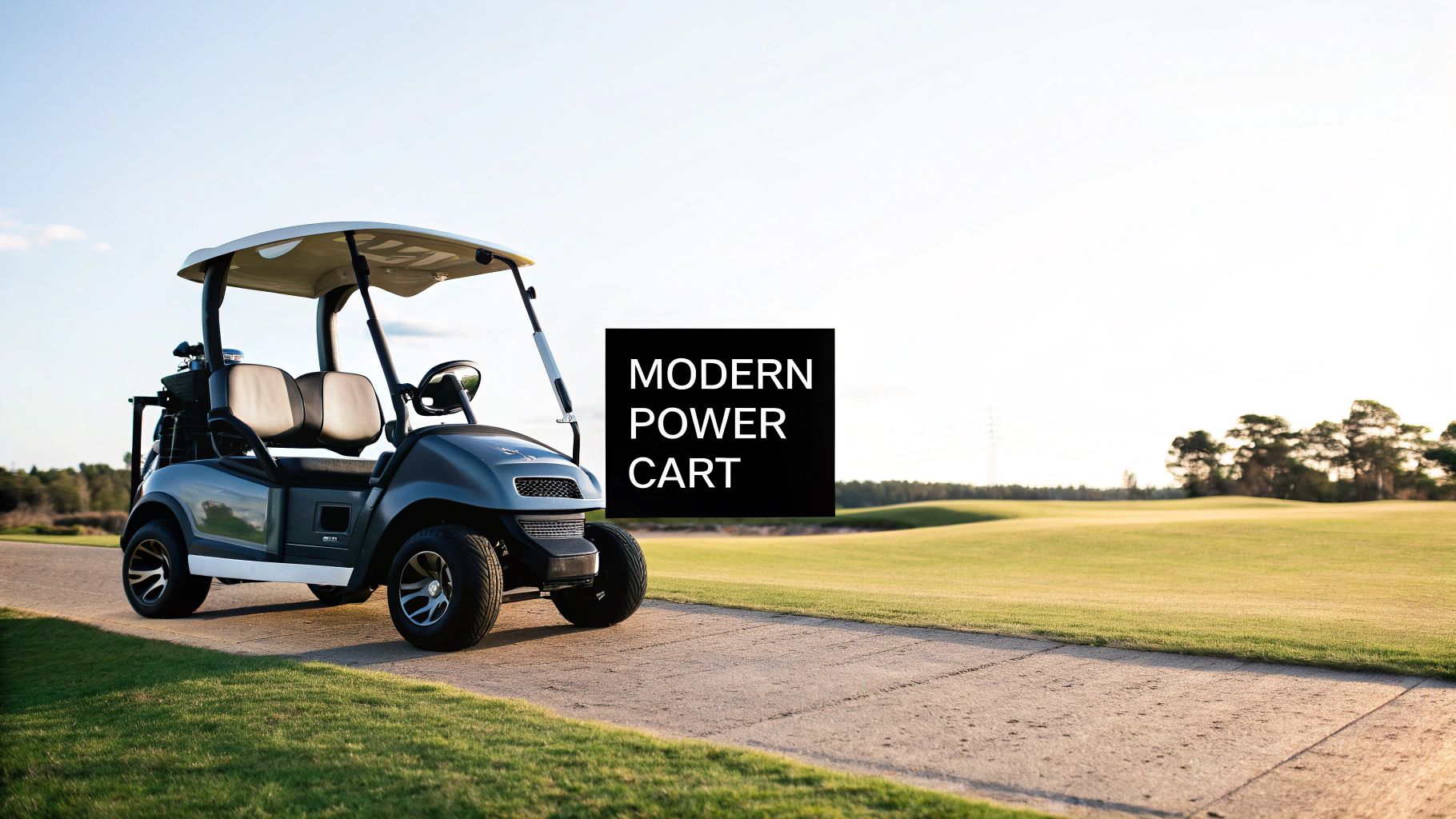 A modern golf power cart parked on a lush green fairway with the sun setting in a background