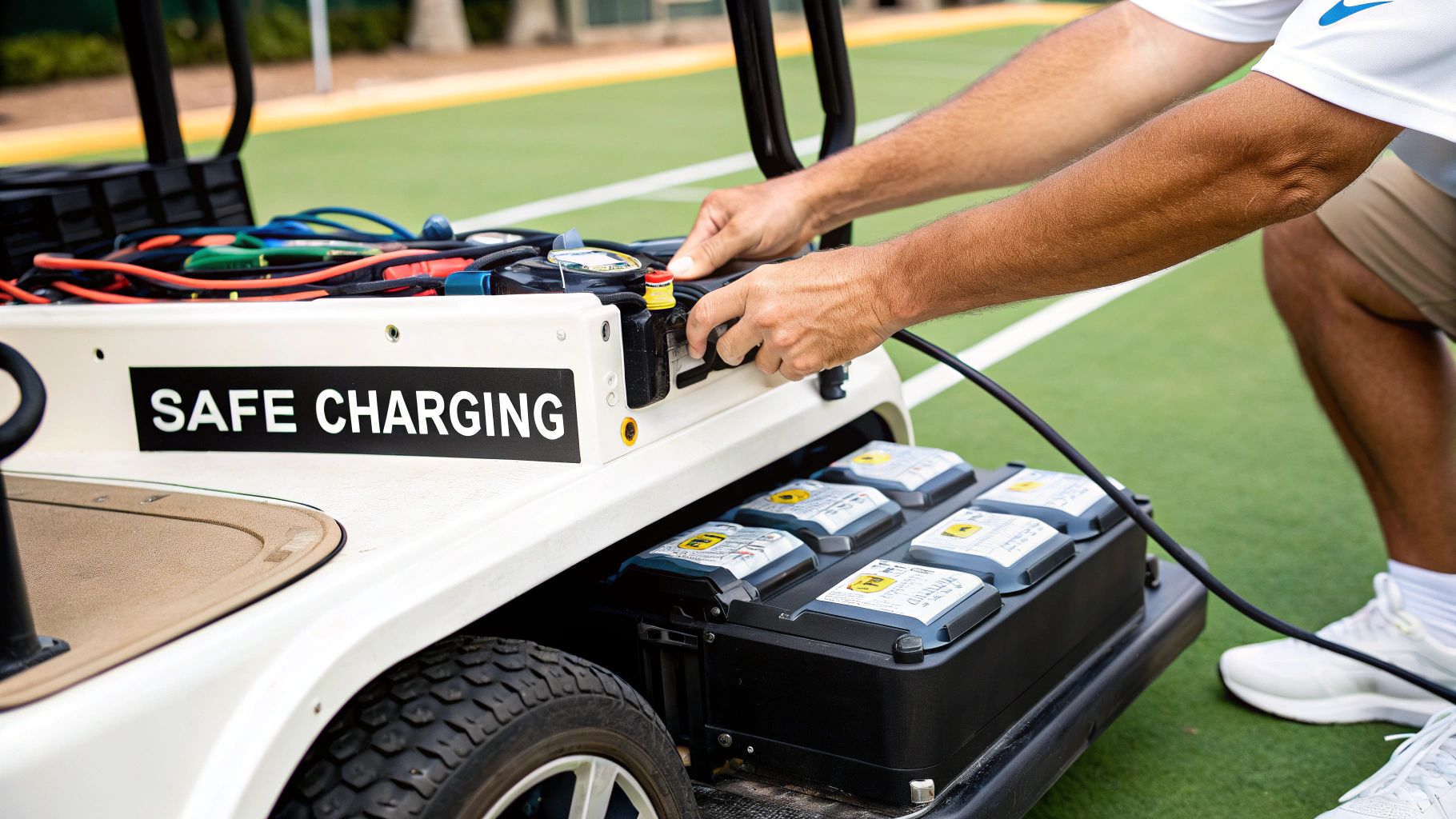 Person connecting charging cable to safe charging station with multiple series battery packs on mobile cart