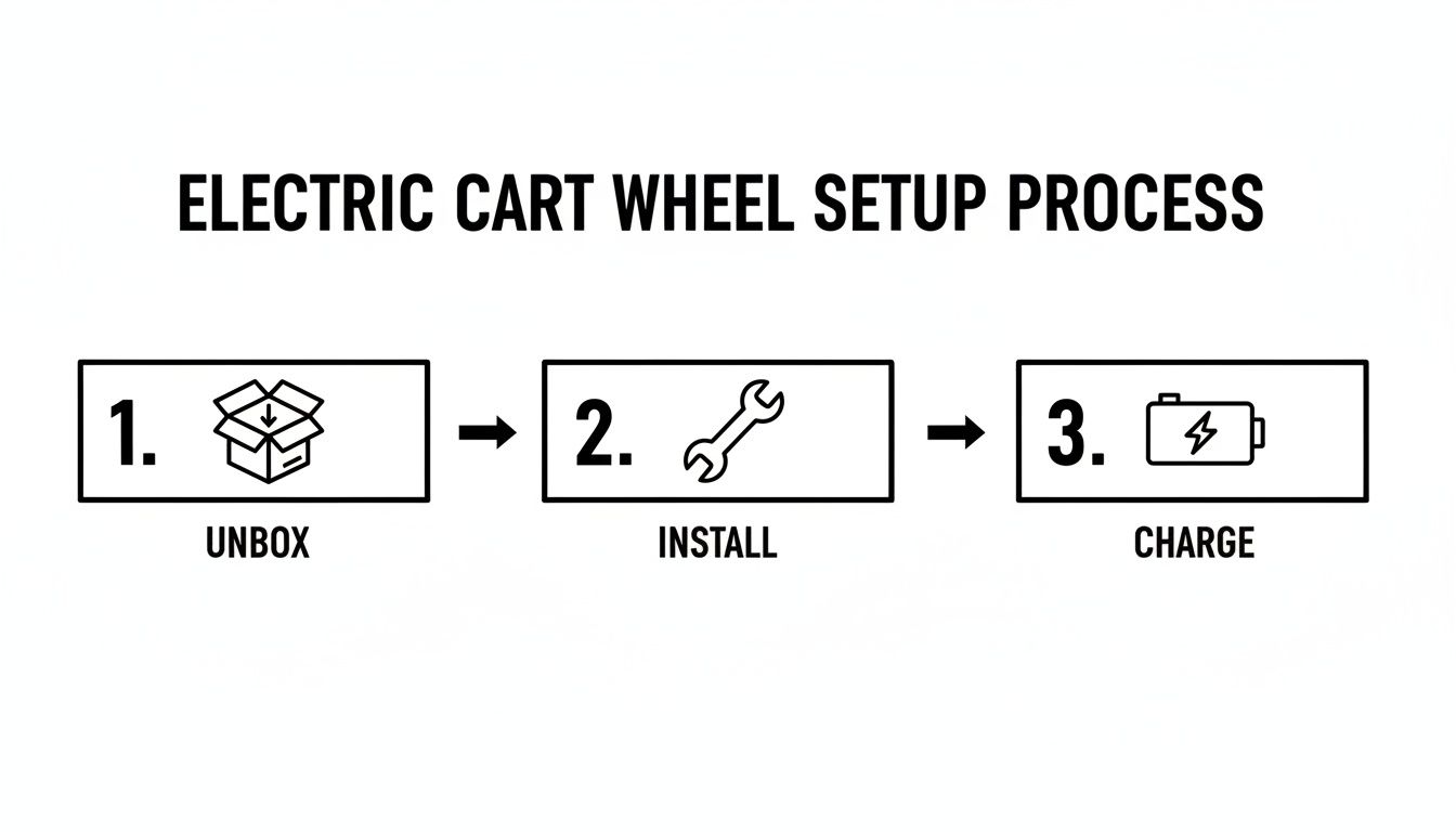 A three-step diagram illustrating the electric cart wheel setup process: unbox, install, and charge.
