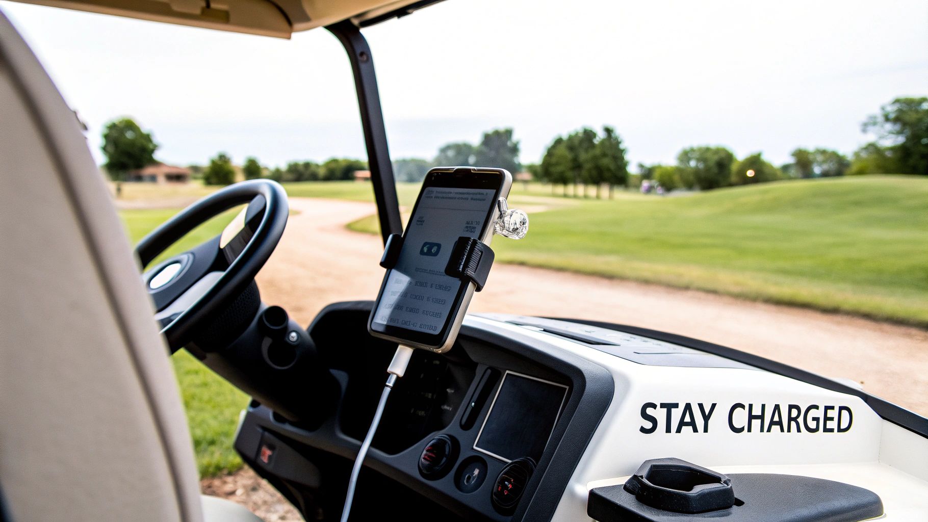 Smartphone mounted on golf cart dashboard with charging cable and USB port visible