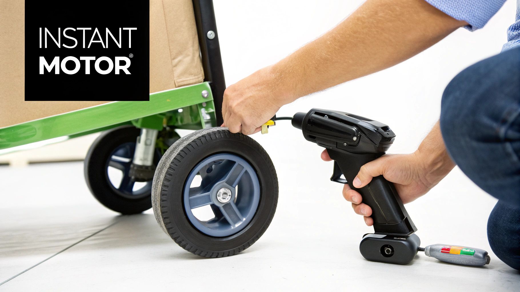 Person using a black remote control to power a wheel on a green utility cart.