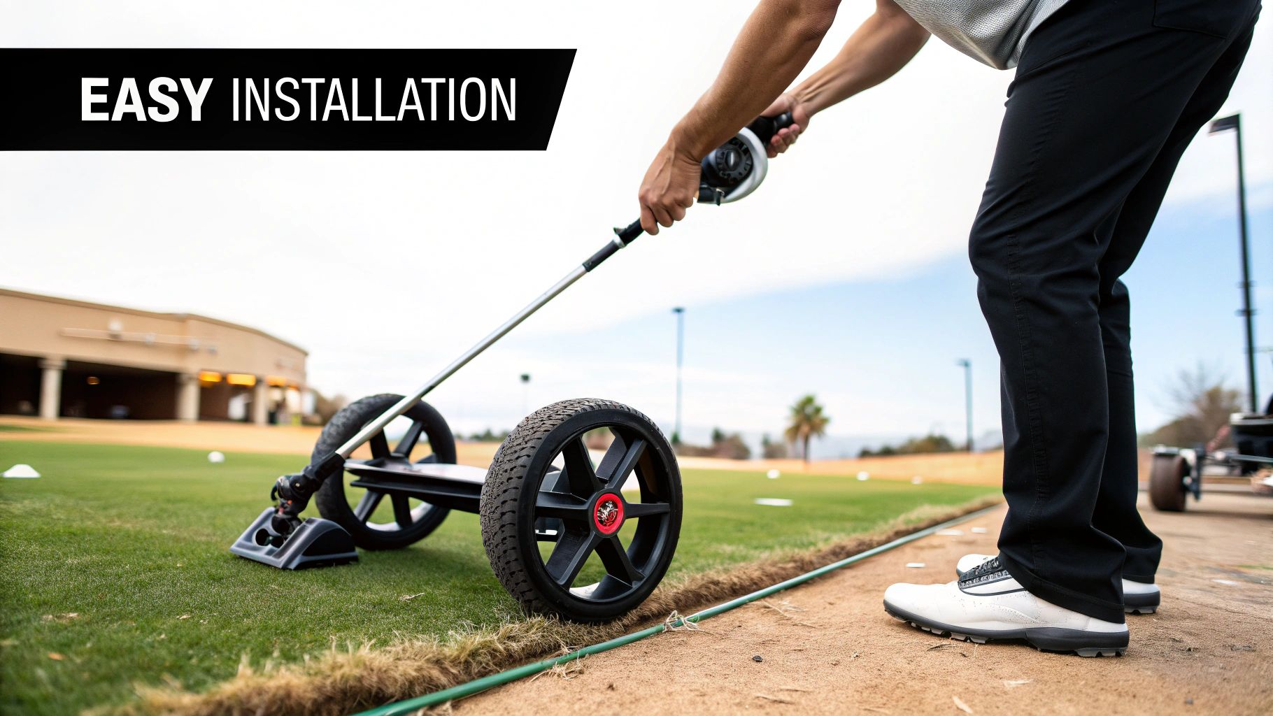 A person demonstrates easy installation of a two-wheeled motorized golf push cart on a green course.