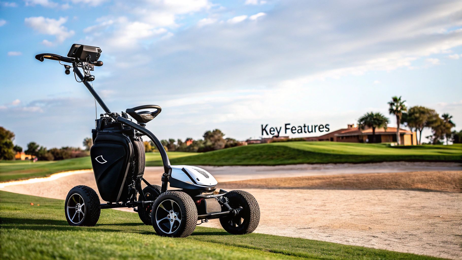 A remote golf push cart resting on a green fairway