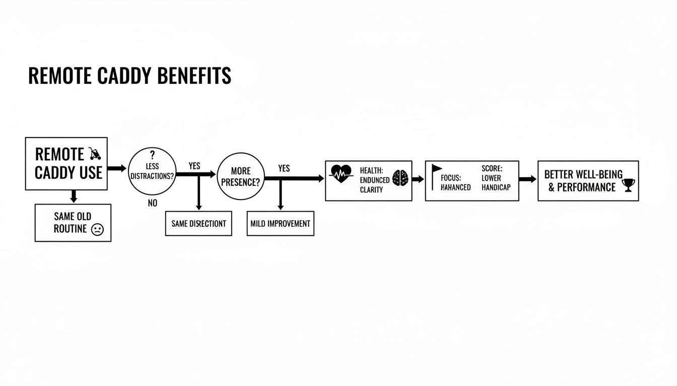 Diagram showing how remote caddy use reduces distractions, enhances presence, and improves golf scores.