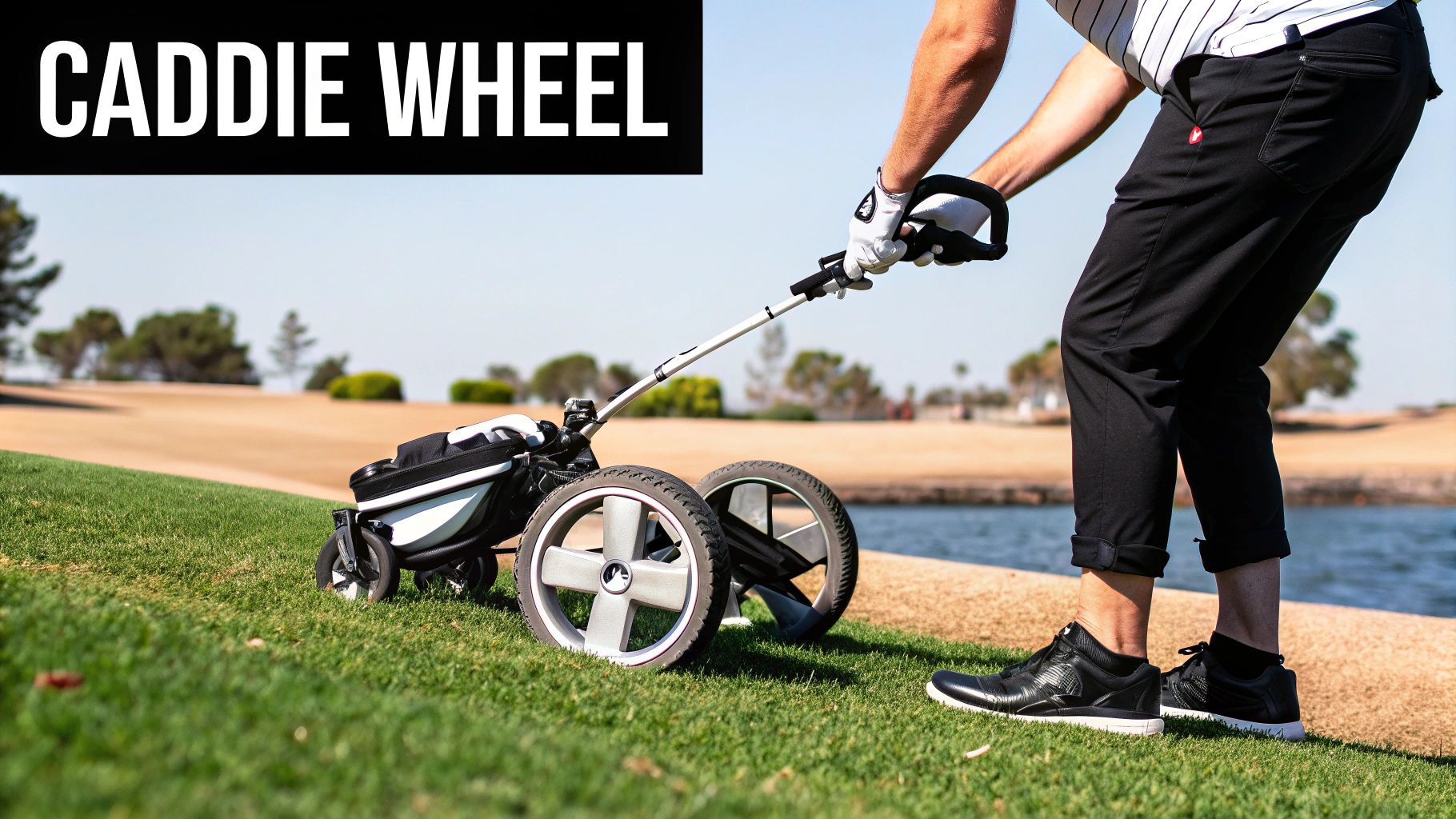 A golfer using a Caddie Wheel-equipped push cart on the fairway