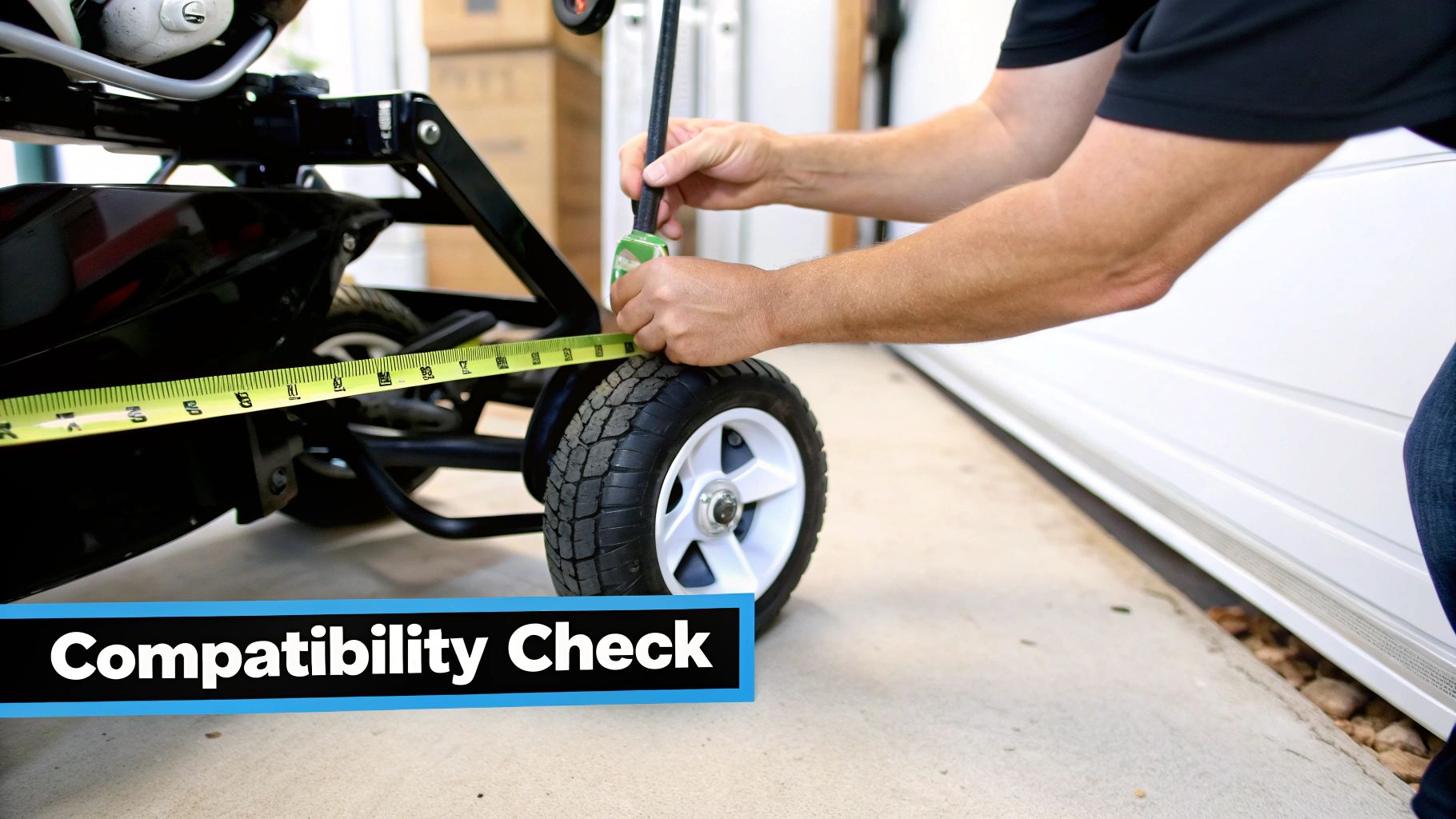 A person measures a wheel on a black cart with a tape measure for compatibility check.