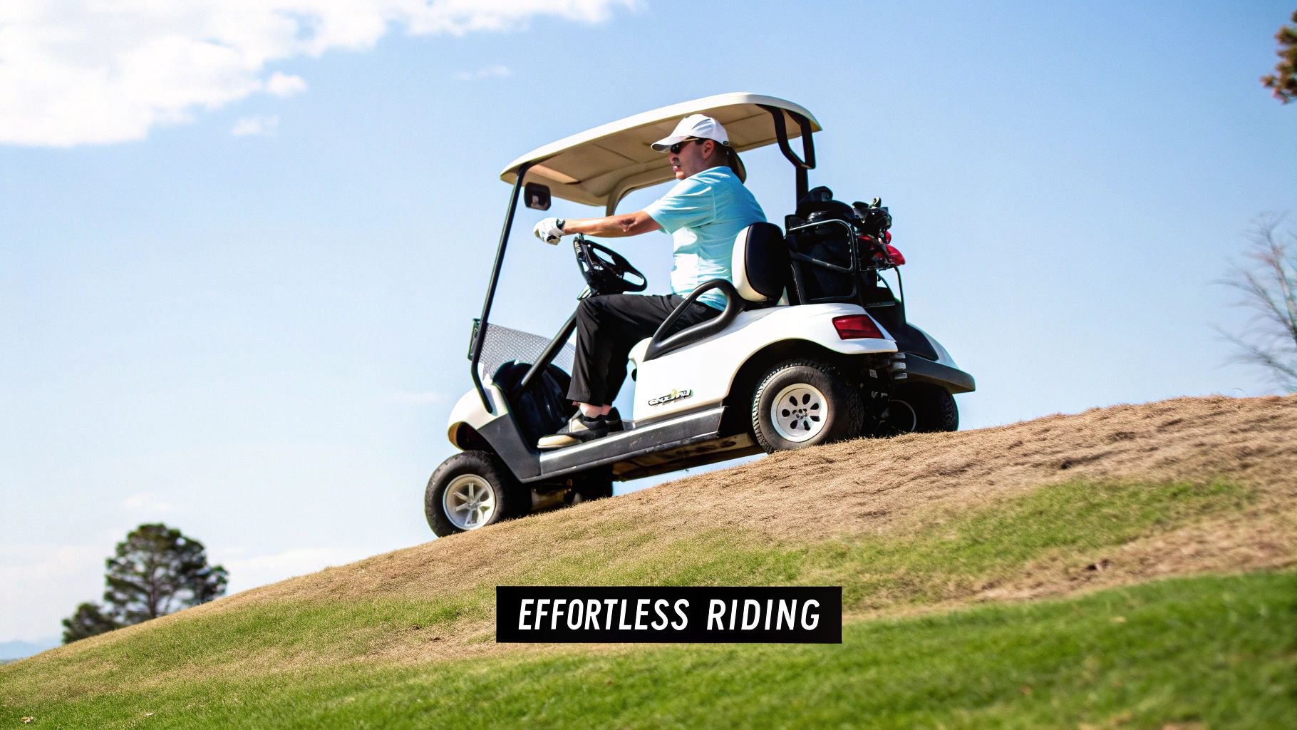 A sleek black electric walking golf cart stands ready on a green fairway, showcasing its modern design and sturdy wheels.