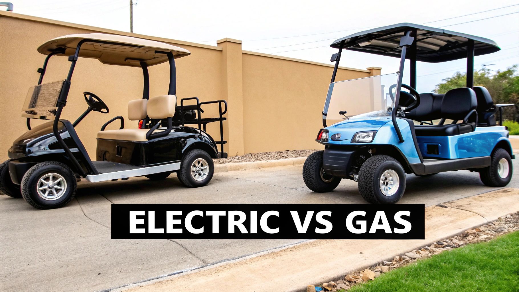 Two golf carts, one black and one blue, comparing electric vs gas models on a paved surface.