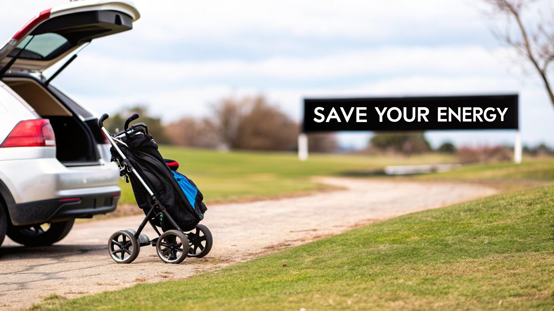A golf push cart with a golf bag next to an open car trunk on a golf course path.