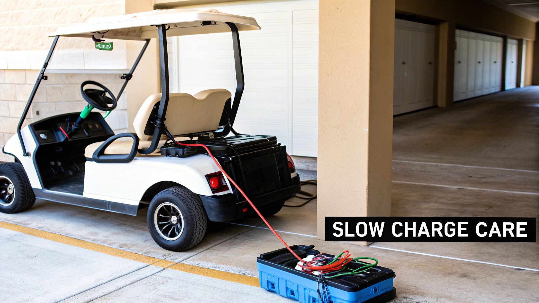 Golfer charging a golf cart battery in a well-lit garage.
