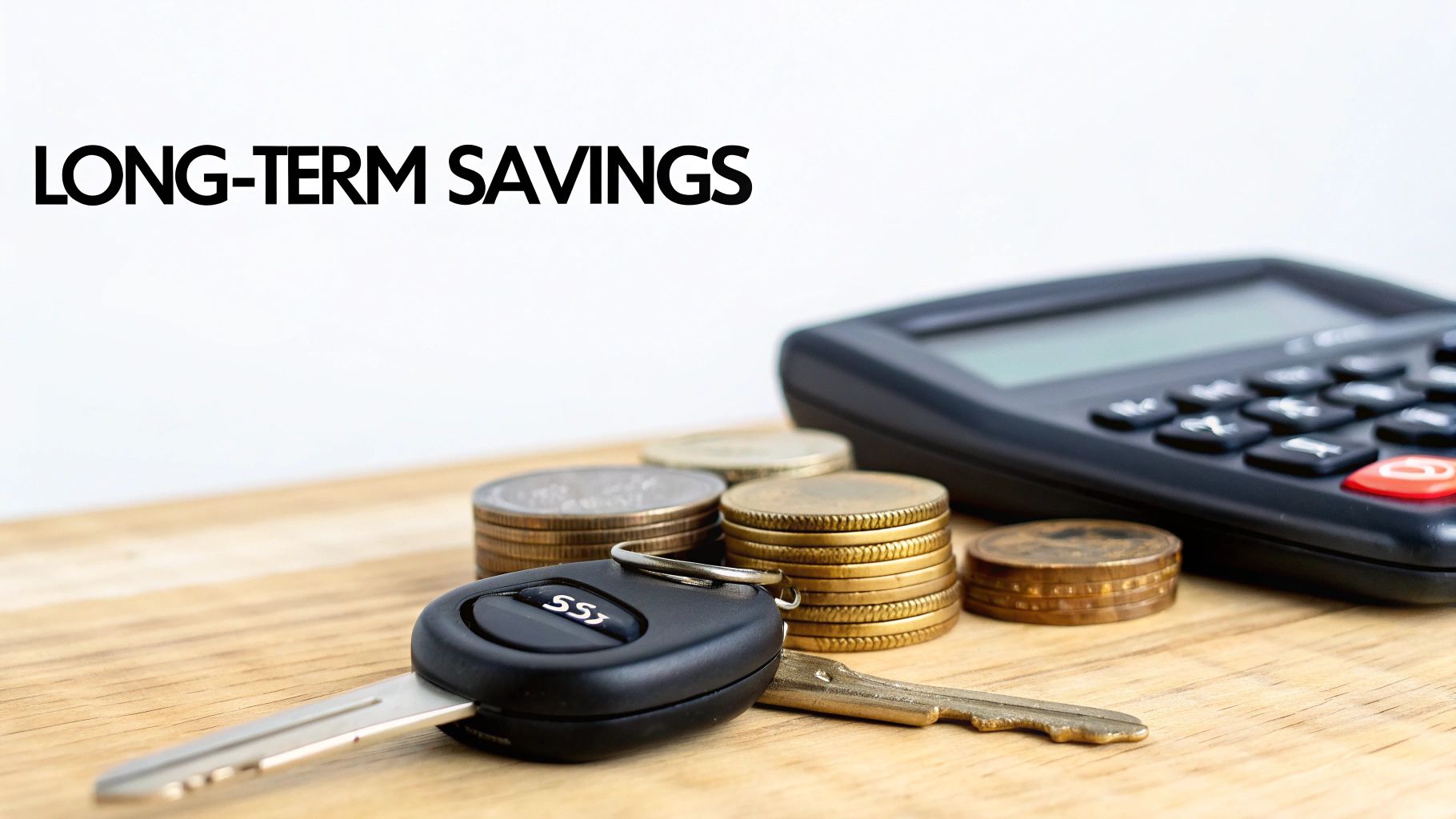 Text 'LONG-TERM SAVINGS' displayed above a car key, stacked coins, and a calculator.