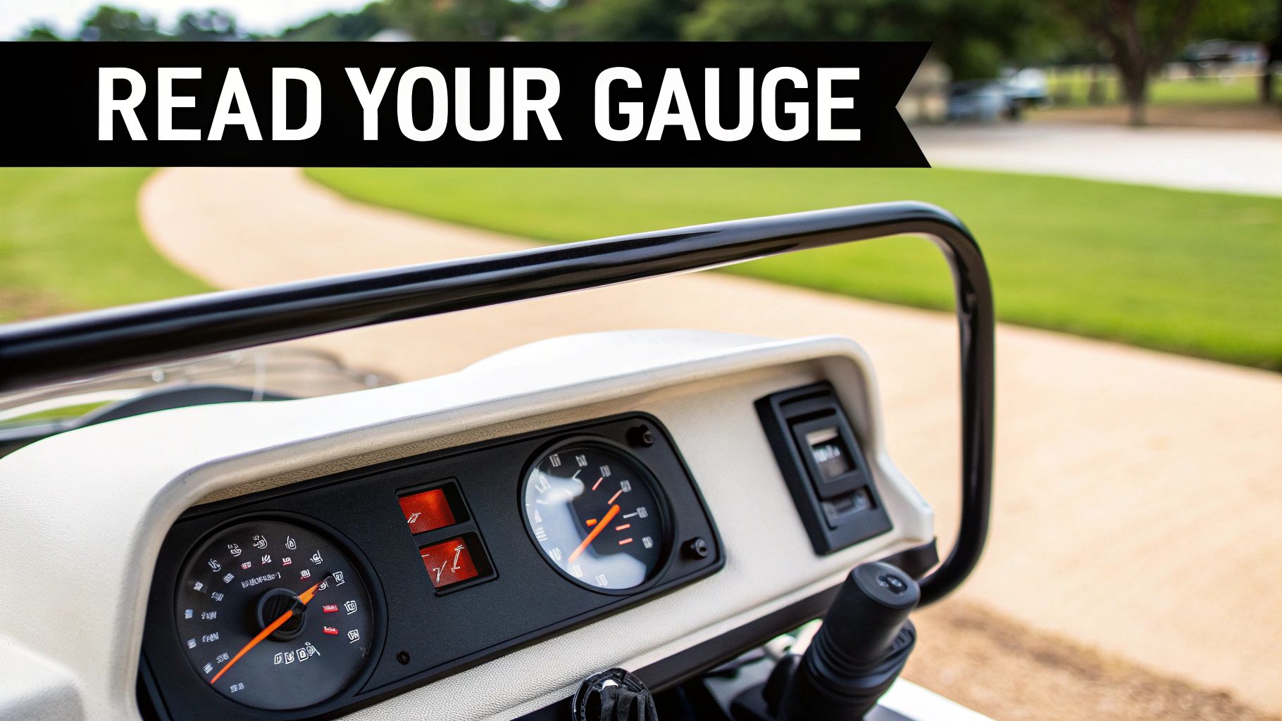 A close-up view of a golf cart's dashboard with gauges, under a black banner saying 'READ YOUR GAUGE'.