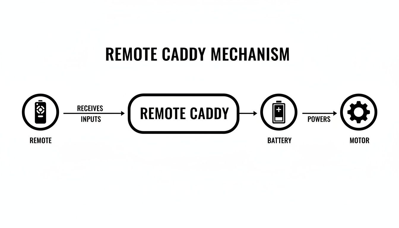 Diagram illustrating the remote caddy mechanism, showing remote inputs controlling the caddy, powered by a battery, driving a motor.