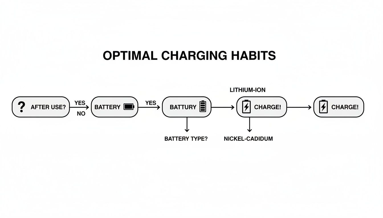 Flowchart illustrating optimal charging habits for different battery types, including Lithium-ion and Nickel-Cadmium.