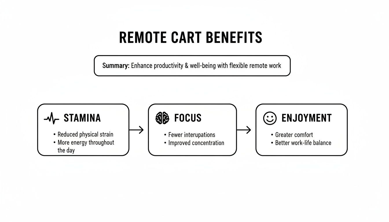 An infographic detailing the benefits of a remote-controlled cart for stamina, focus, and enjoyment.