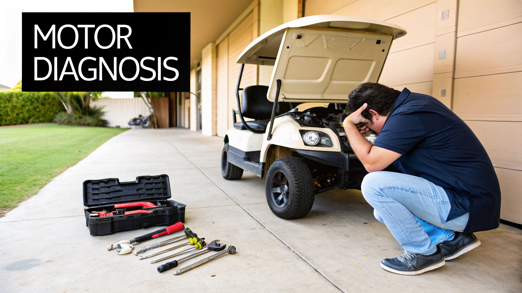 A distressed man crouches beside a broken golf cart with tools for motor diagnosis.