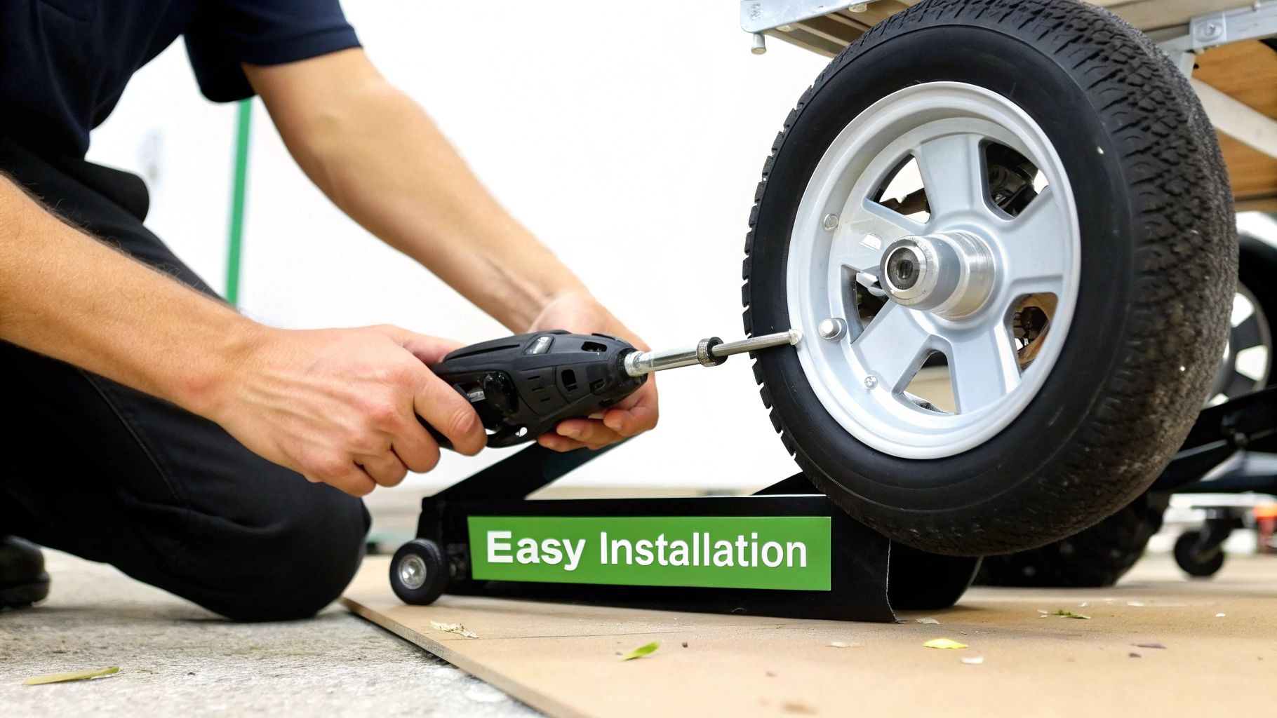 A person uses an electric drill to install a wheel onto a piece of equipment on a stand.