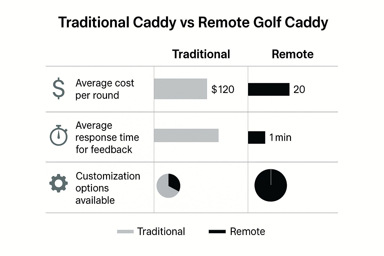 Infographic comparing a human caddy to a remote golf caddy, highlighting benefits like cost-effectiveness and consistency for the remote caddy.