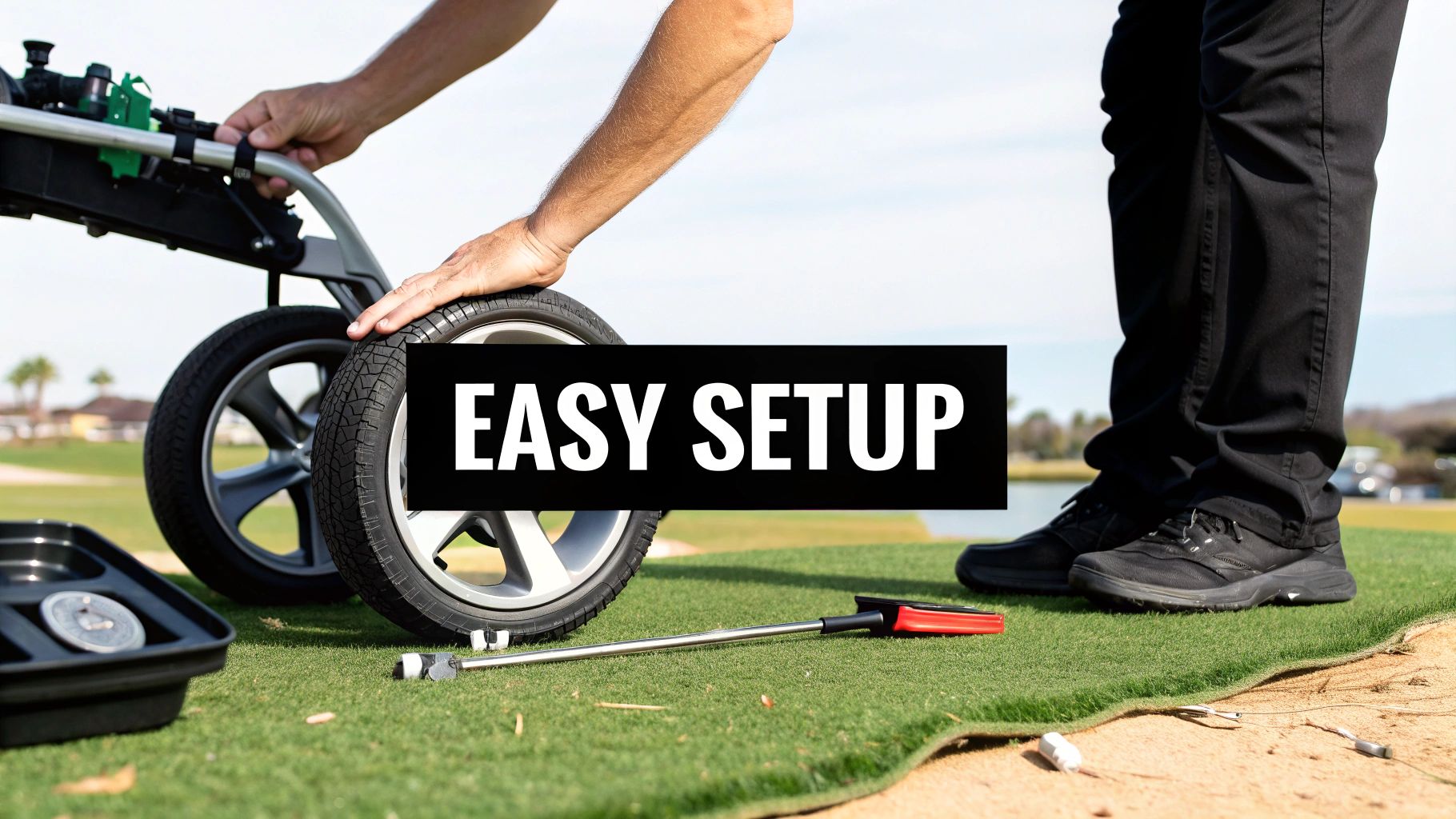 Close-up of hands setting up a motorized golf push cart on artificial turf with 'EASY SETUP' text.