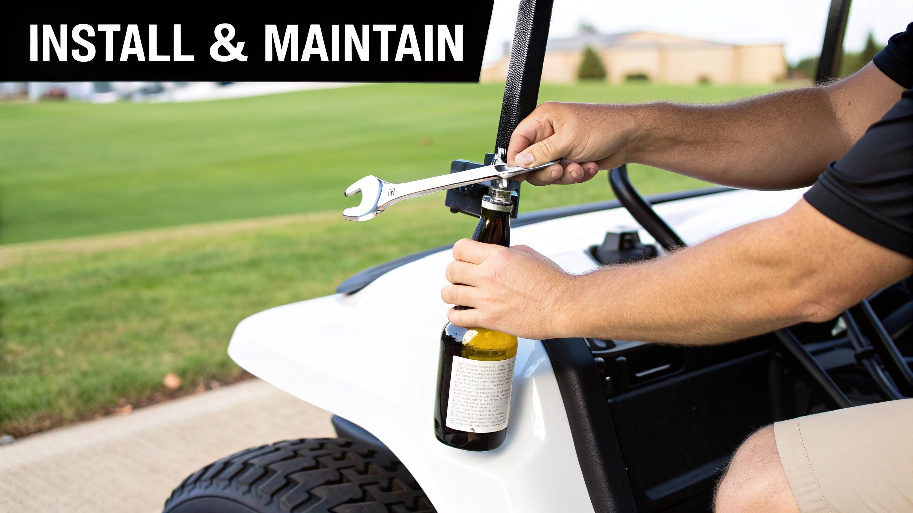 A person's hands installing a sand bottle dispenser on a white golf cart using a wrench.