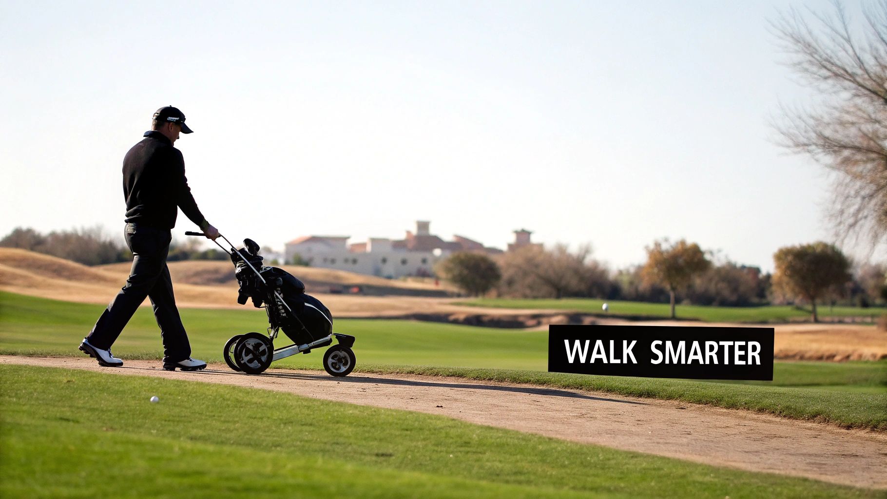Man in black pushing a golf bag cart on a sunny golf course path with a text overlay "WALK SMARTER".