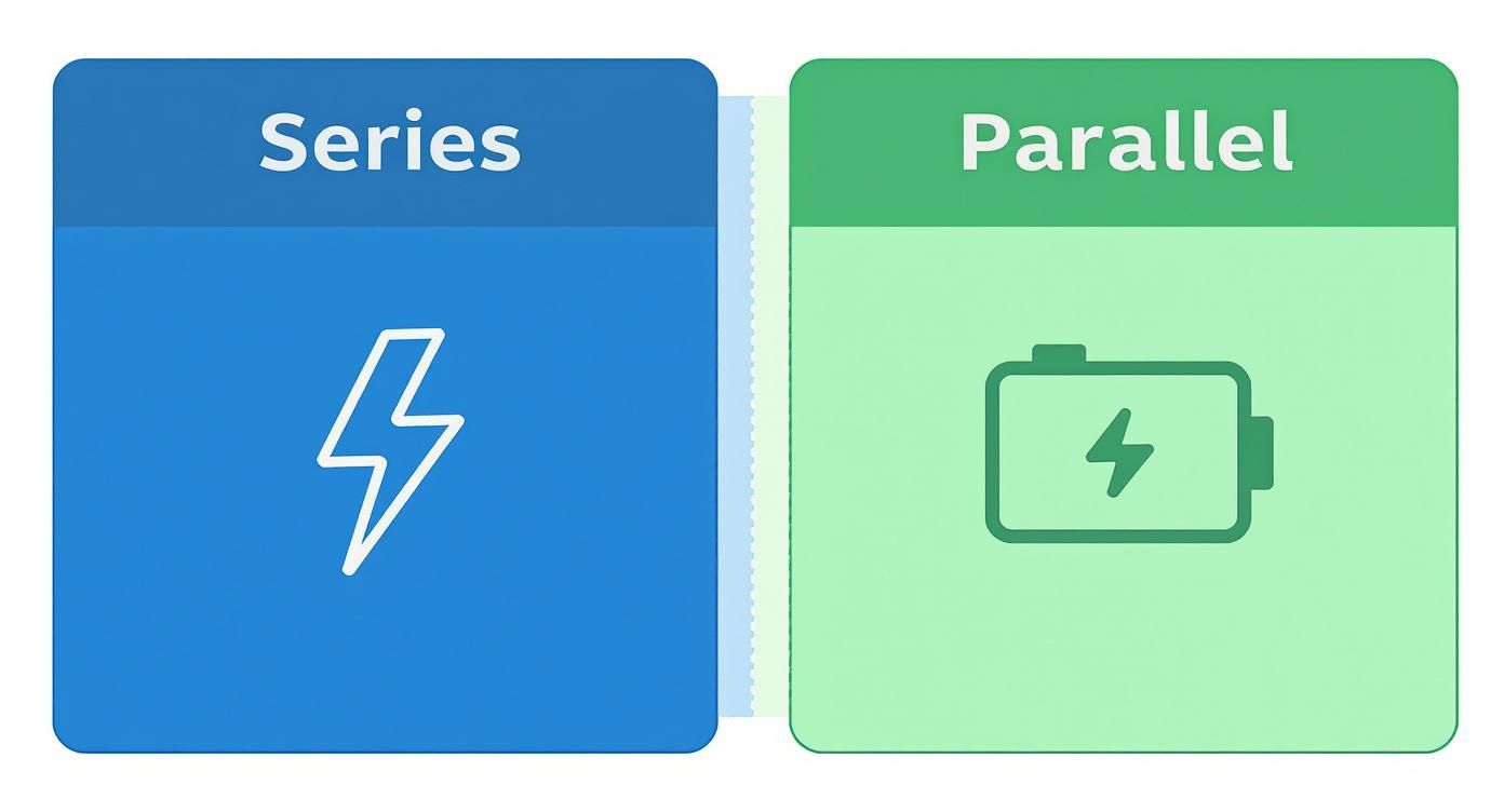 Comparison diagram showing series circuit with lightning bolt and parallel circuit with battery icon
