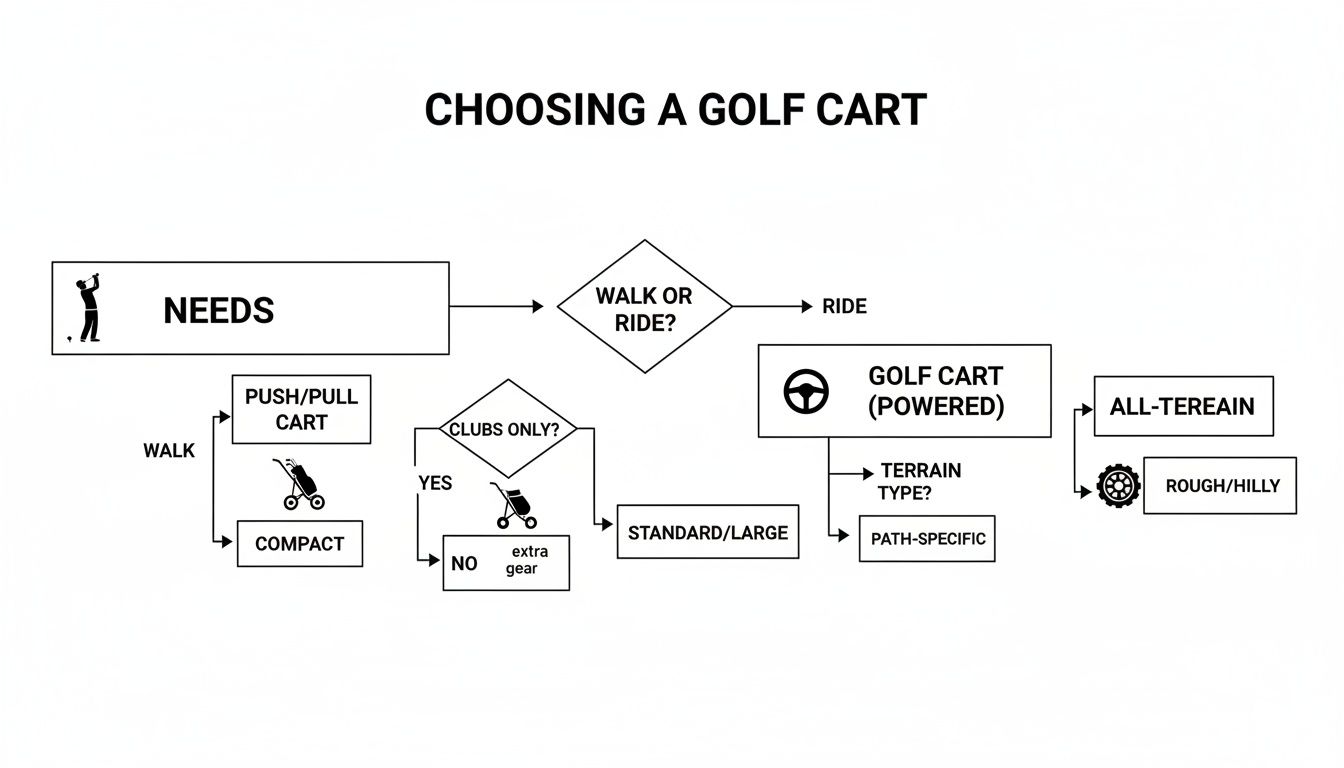 A flowchart diagram illustrating the decision-making process for choosing a golf cart based on various needs.