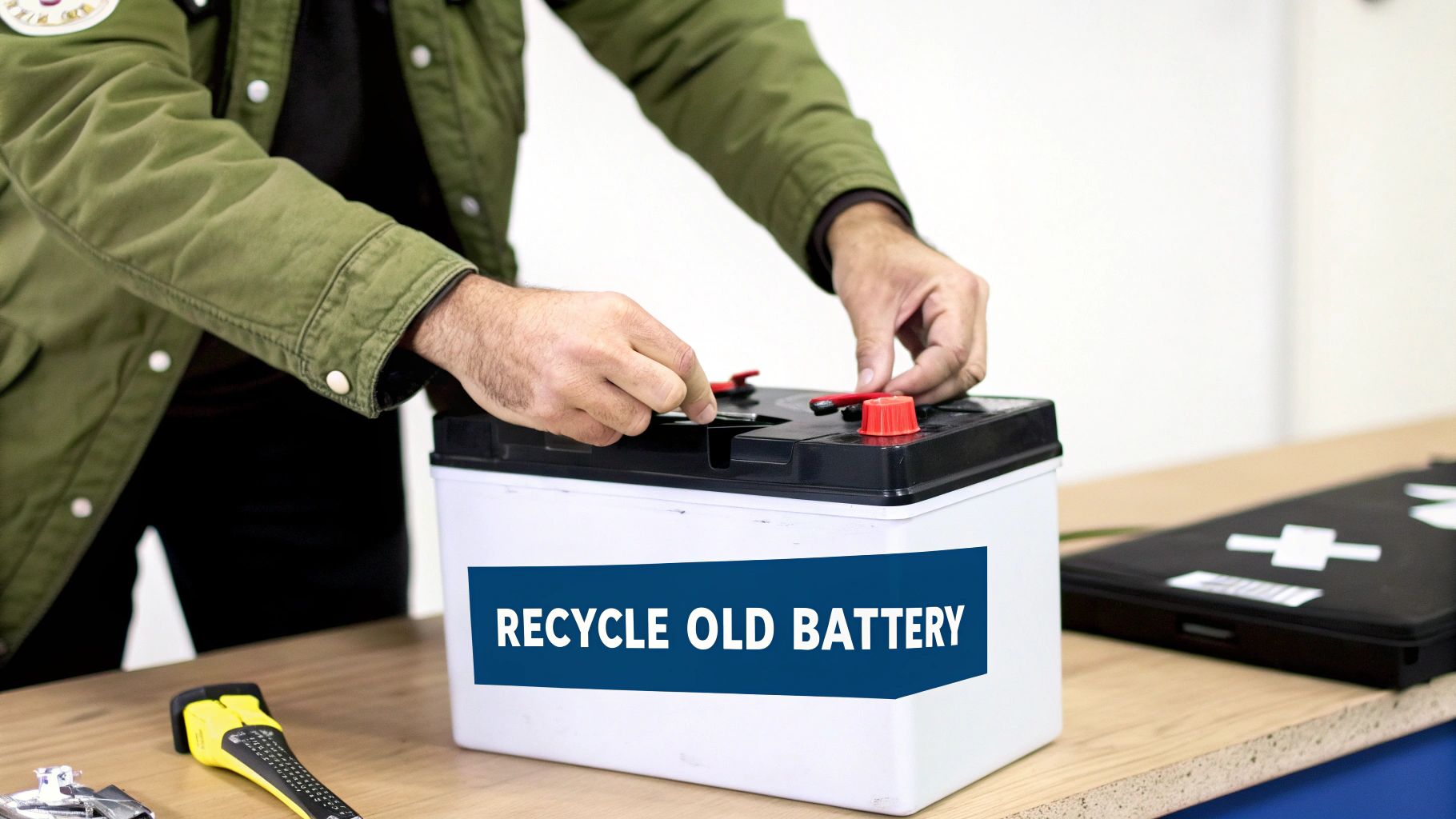 A person safely disposing of an old battery at a recycling center