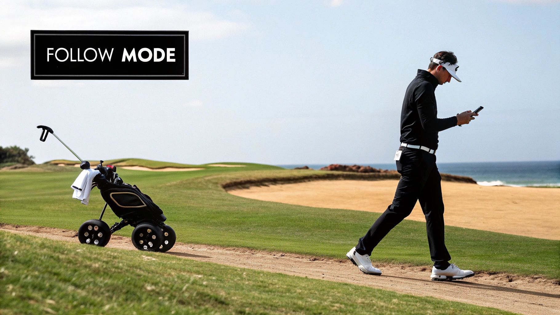 An electric golf caddy wheel attached to a push cart on a golf course.