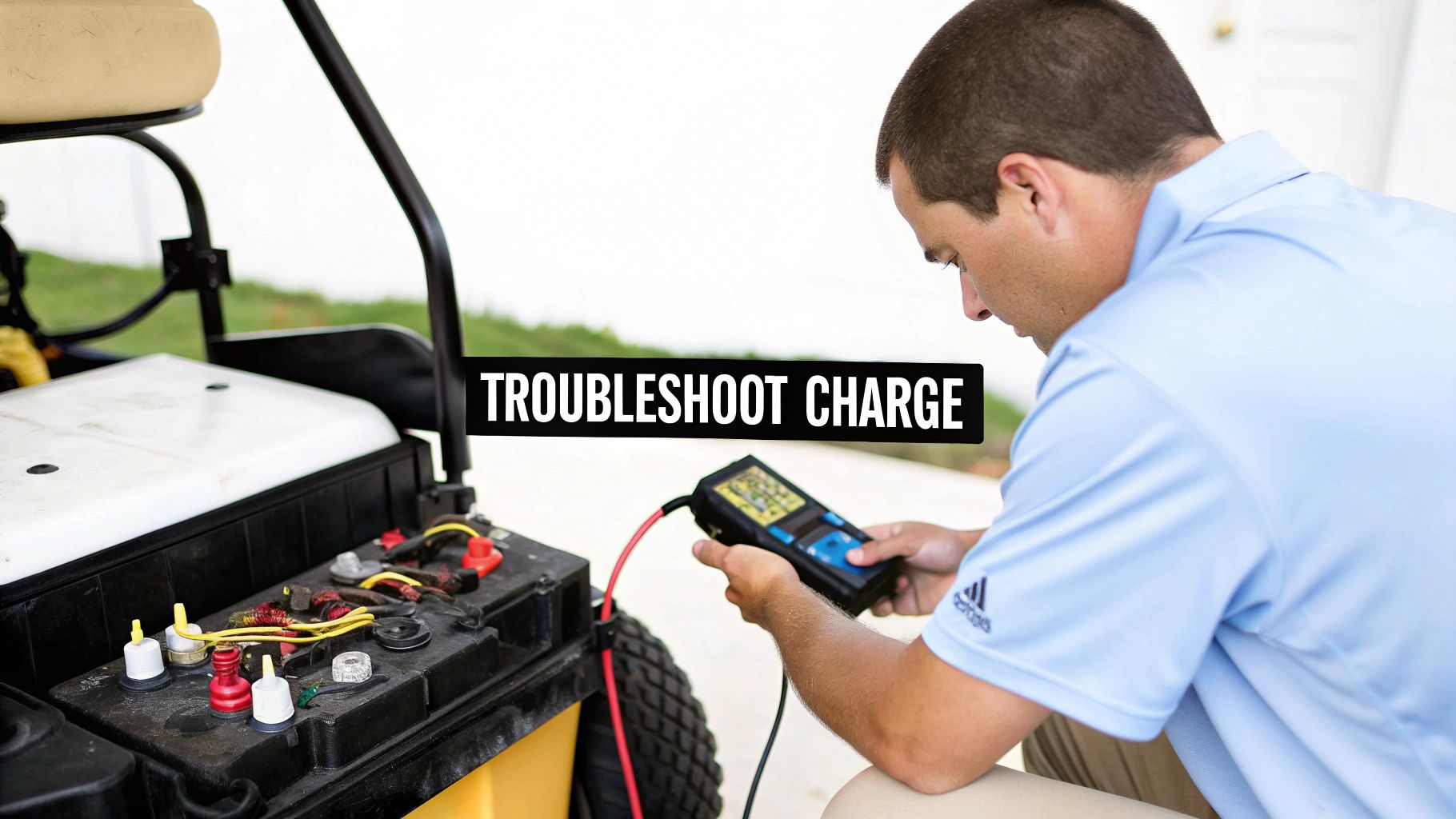 A man troubleshoots a golf cart battery, checking connections with a diagnostic tool.