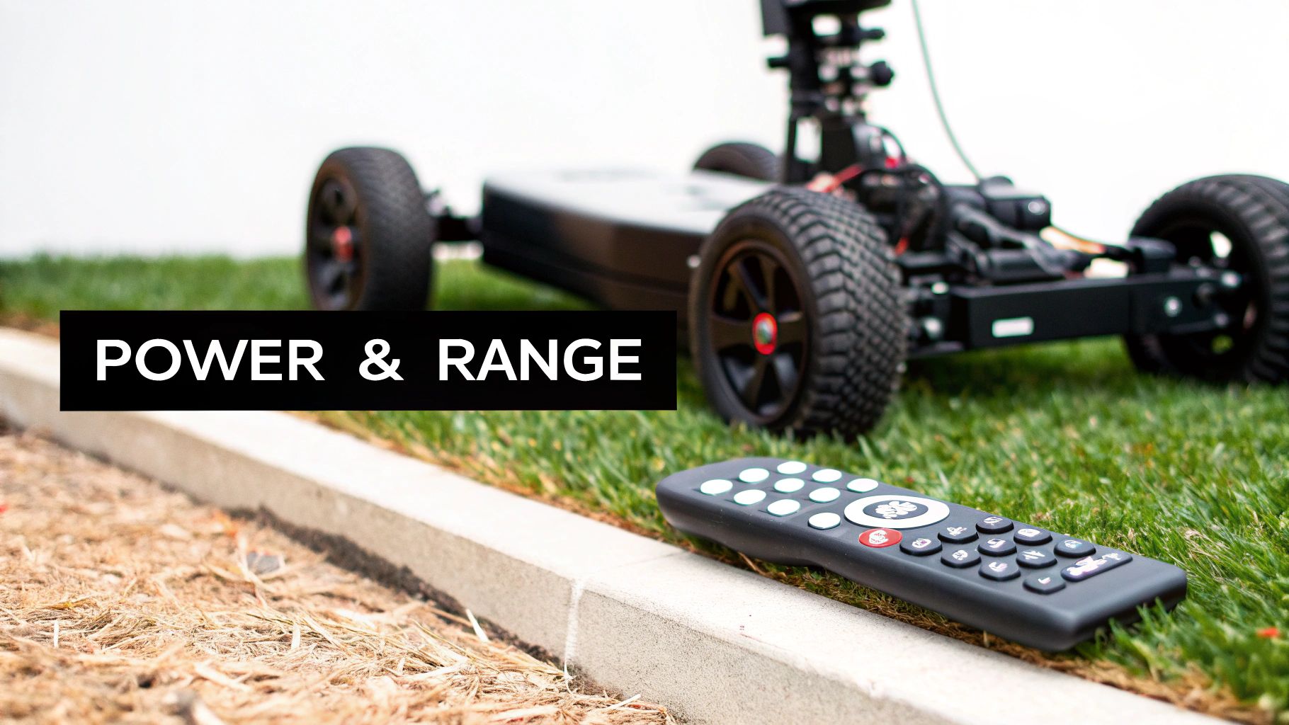 A close-up shot of the motorized wheel and battery pack of a remote golf bag system, highlighting the technology.