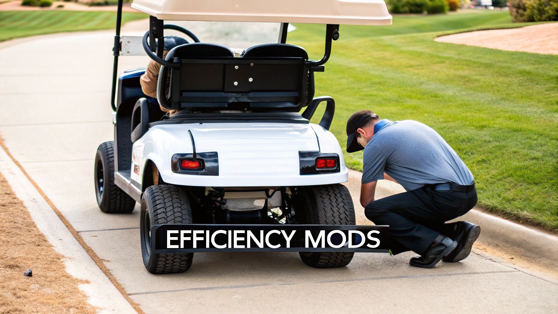 Man crouches by a white golf cart's rear wheel, labeled 'Efficiency Mods,' on a golf course path.