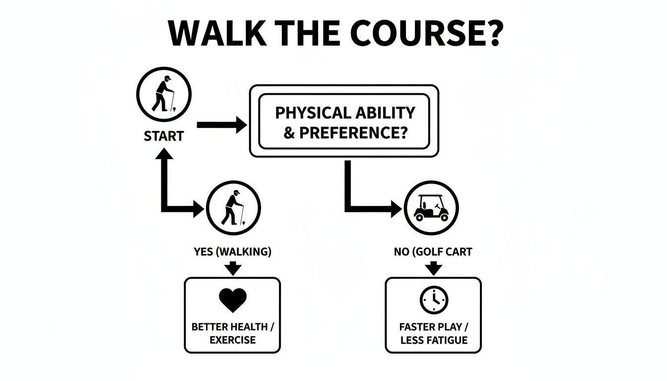 A flowchart titled 'Walk the Course?' guides golfers to choose between walking or using a golf cart.