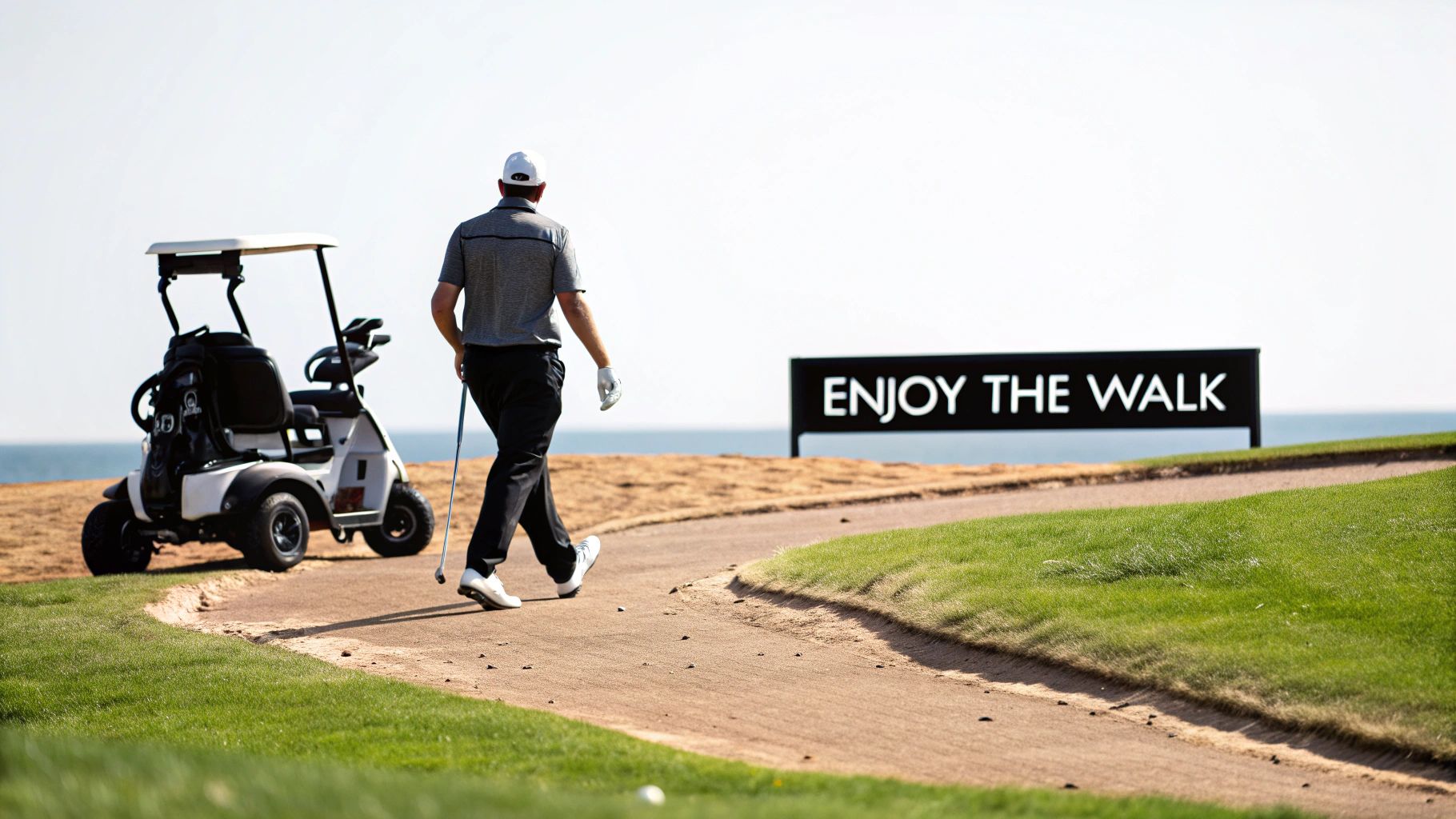 A golfer walks on a sandy path next to an electric golf cart, with an "ENJOY THE WALK" sign.