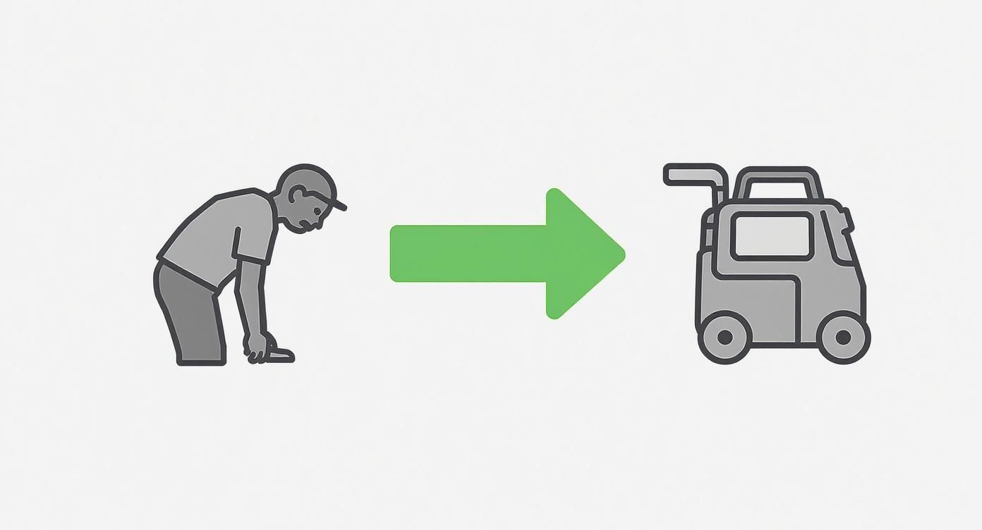 Illustration of a golfer bending down, with an arrow pointing to a remote-controlled golf bag.