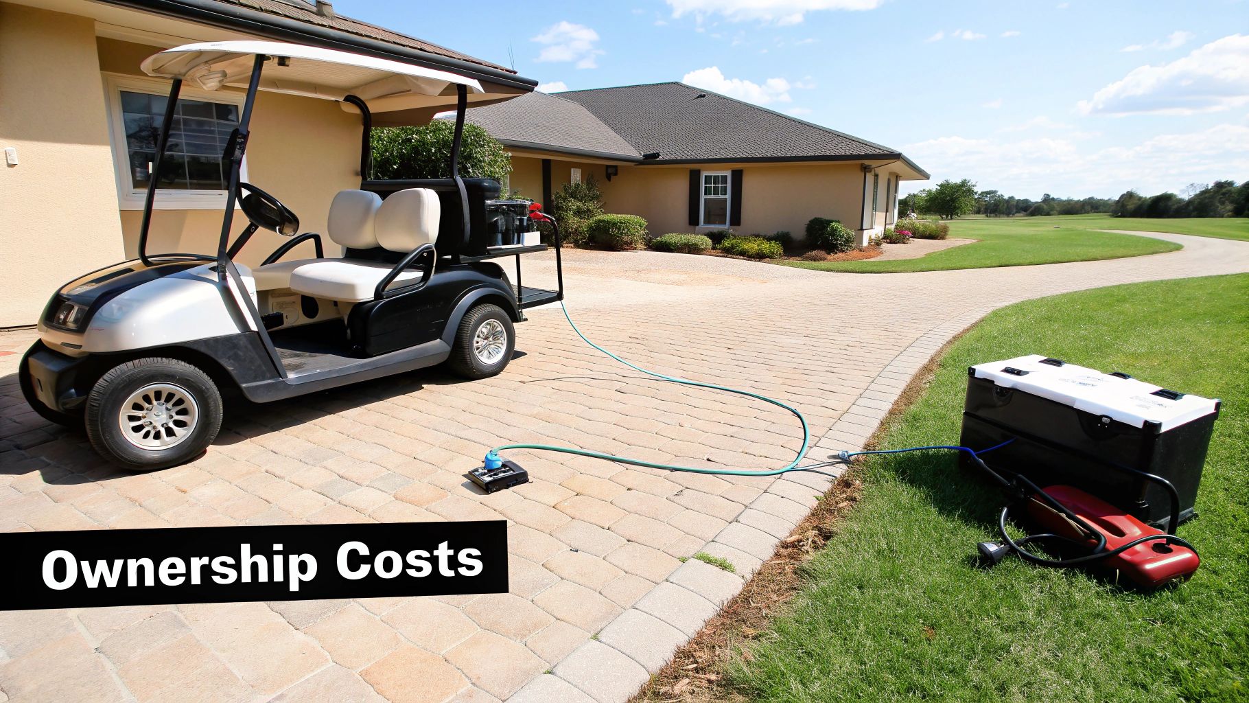 An electric golf cart being charged on a paved driveway next to a house and golf course.