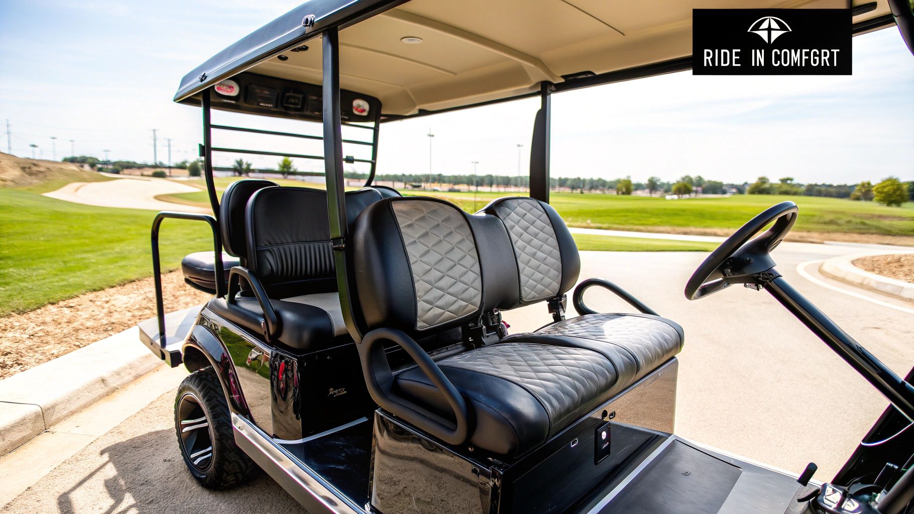 A golf cart with custom upholstered seats parked on a suburban street