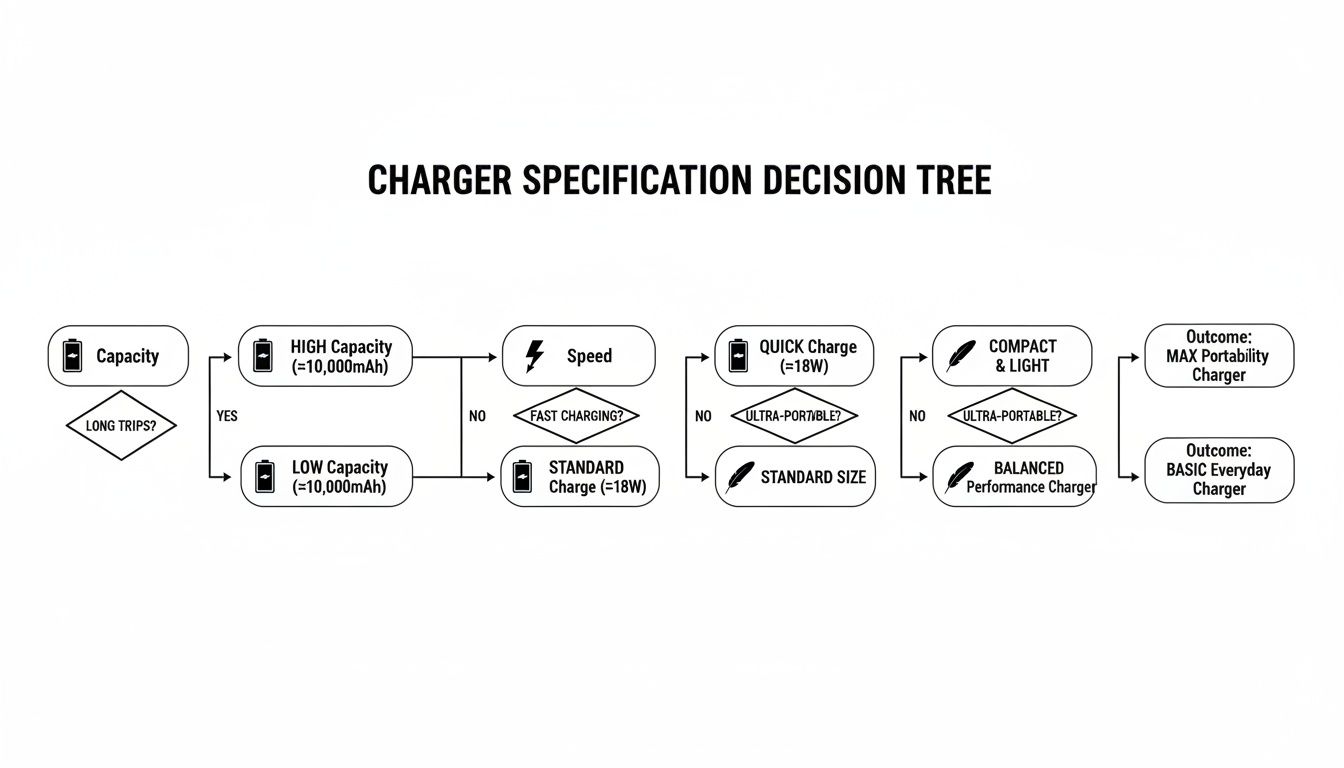 Decision tree for choosing a charger based on capacity, speed, and portability.