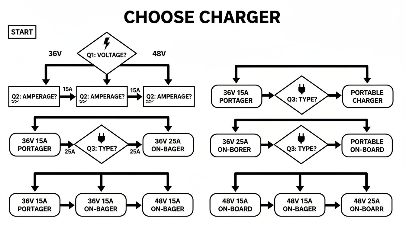 Flowchart guiding users to choose an electric charger based on voltage, amperage, and type.
